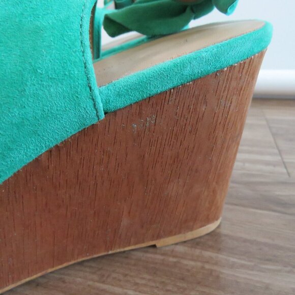 ANTHROPOLOGIE Bow Back Wooden Wedge Peeptoe Sandals in Kelly Green - Size US 10 - Picture 5 of 15